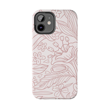 Blush Floral Line Art Tough iPhone Case – Delicate Minimalist Design with Dual-Layer Protection