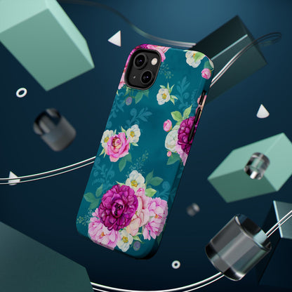 Elegant Peony Bouquet MagSafe iPhone Case – Deep Teal Background with Romantic Floral Design