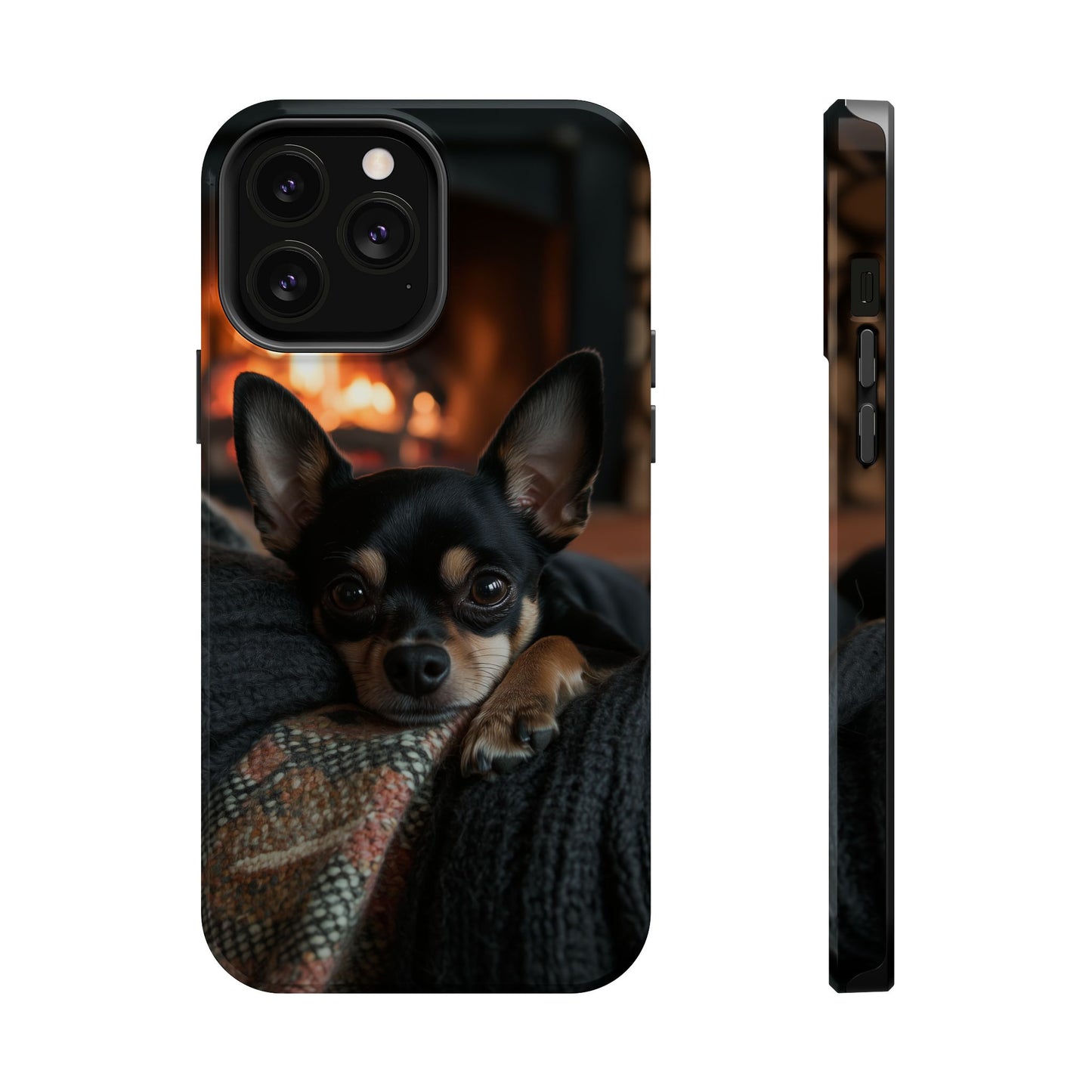 Cozy Chihuahua Fireplace MagSafe iPhone Case – Elegant and Functional Design