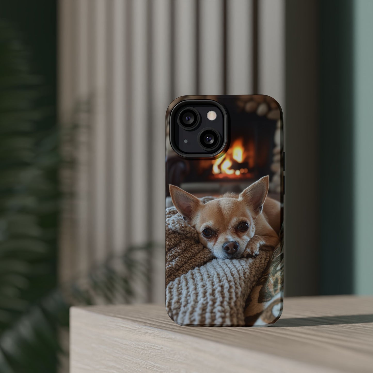 Relaxing Chihuahua by Fireplace MagSafe iPhone Case – Functional and Cozy Design