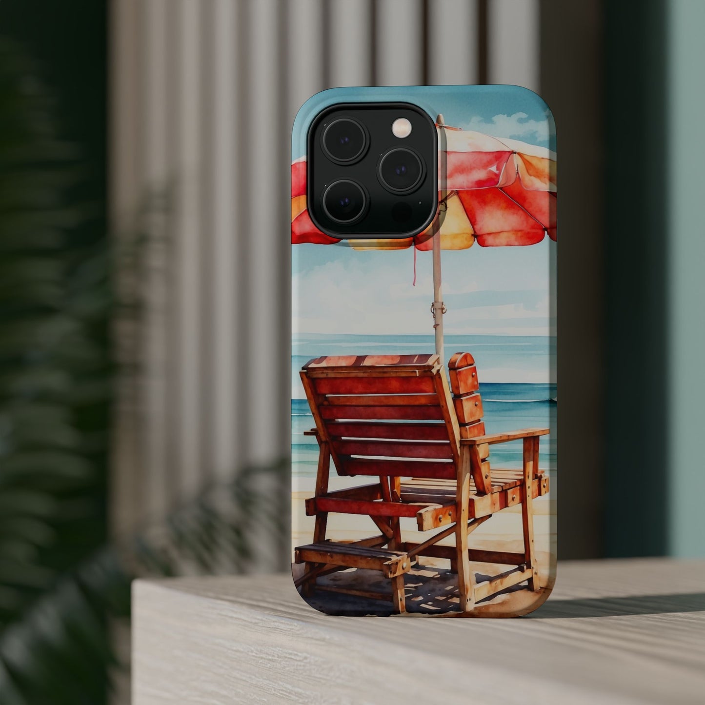 Beachfront Sunset Lounge MagSafe iPhone Case – Vibrant Watercolor Design