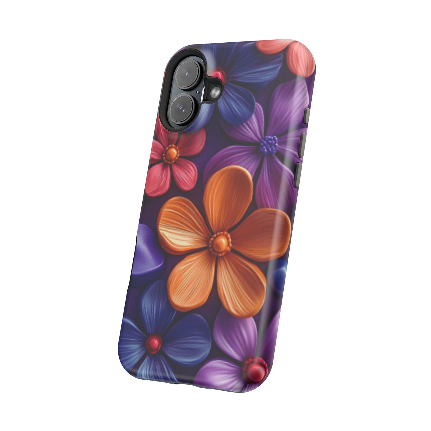 Bold Floral 3D MagSafe iPhone Case – Vivid Purple and Orange Flower Design, Shock-Resistant