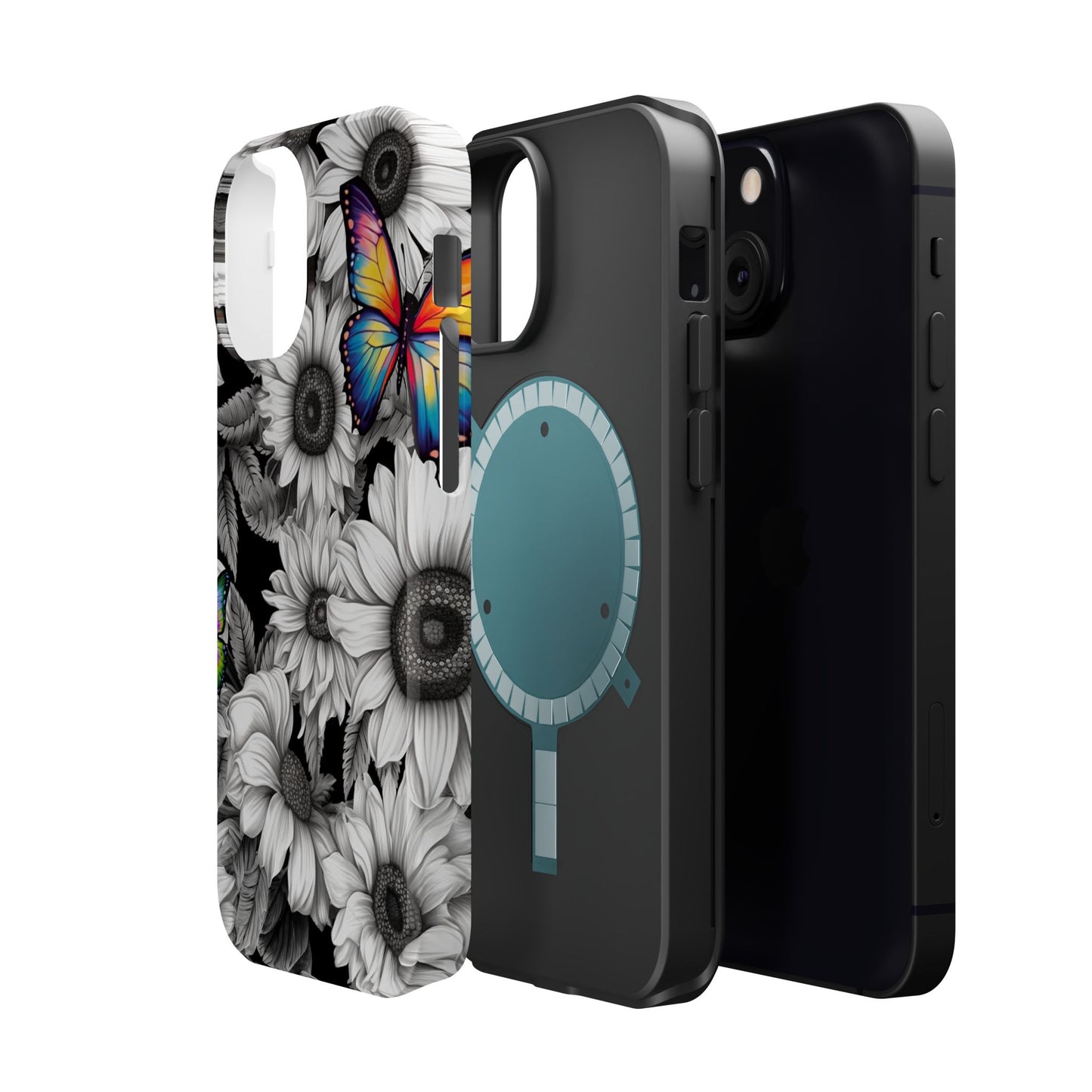 Rainbow Butterflies & Monochrome Sunflowers – MagSafe iPhone Case