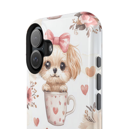 Cute Puppies in Heart MagSafe iPhone Case – Adorable Dog & Floral Design, Shockproof & Slim