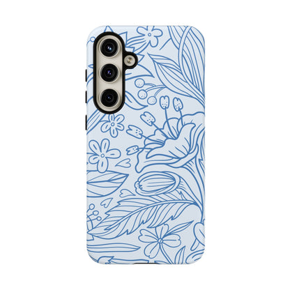 Dusty Blue Floral Line Art Tough Samsung Galaxy Case – Minimalist Botanical Design with Dual-Layer Protection