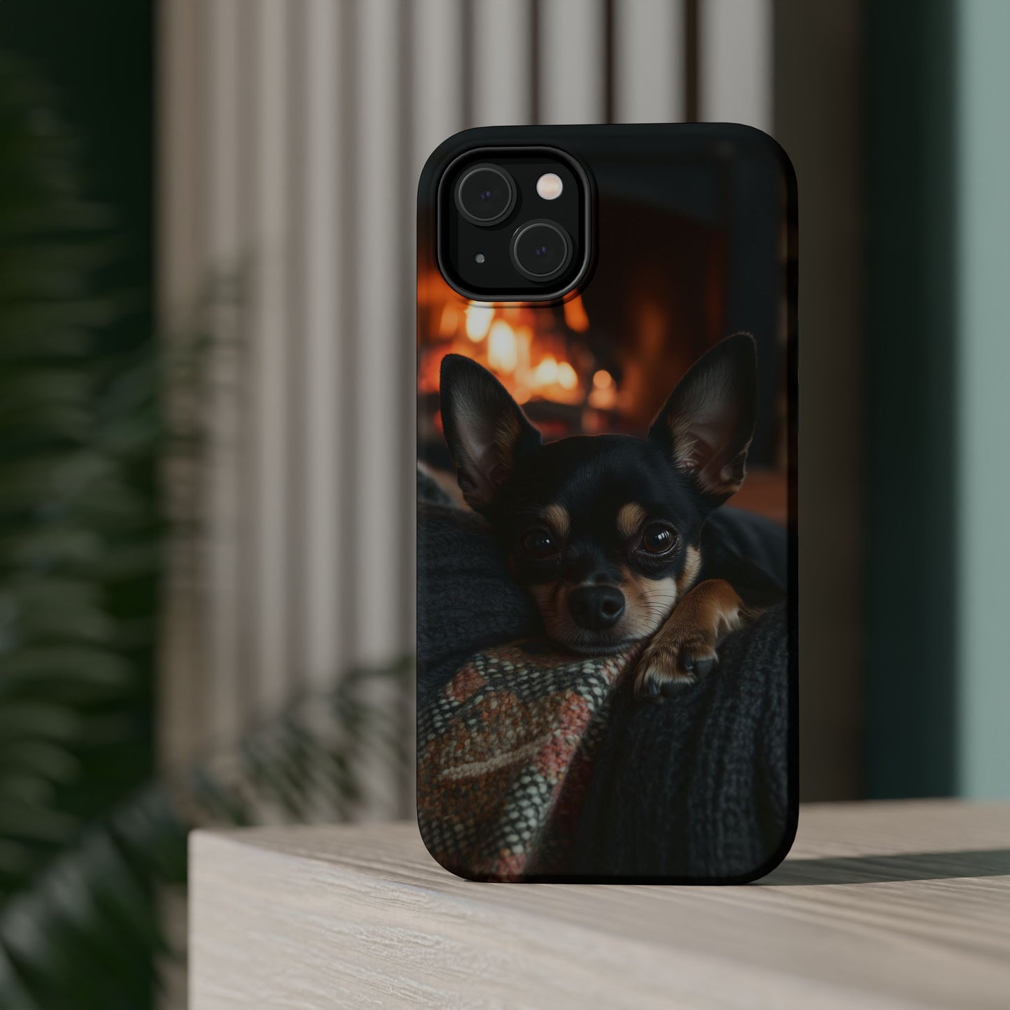 Cozy Chihuahua Fireplace MagSafe iPhone Case – Elegant and Functional Design