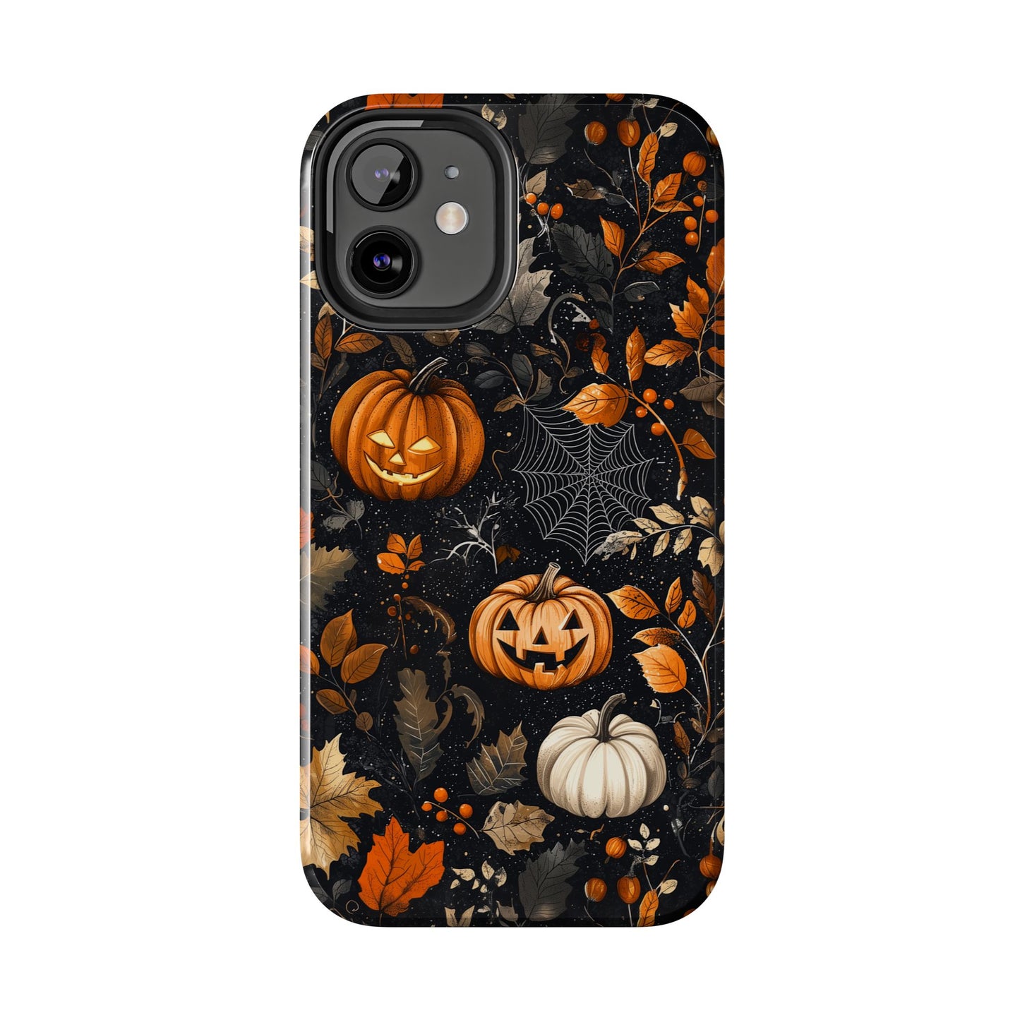 Elegant Halloween iPhone Case – Pumpkin Jack-o'-Lanterns, Cobwebs & Autumn Foliage Design