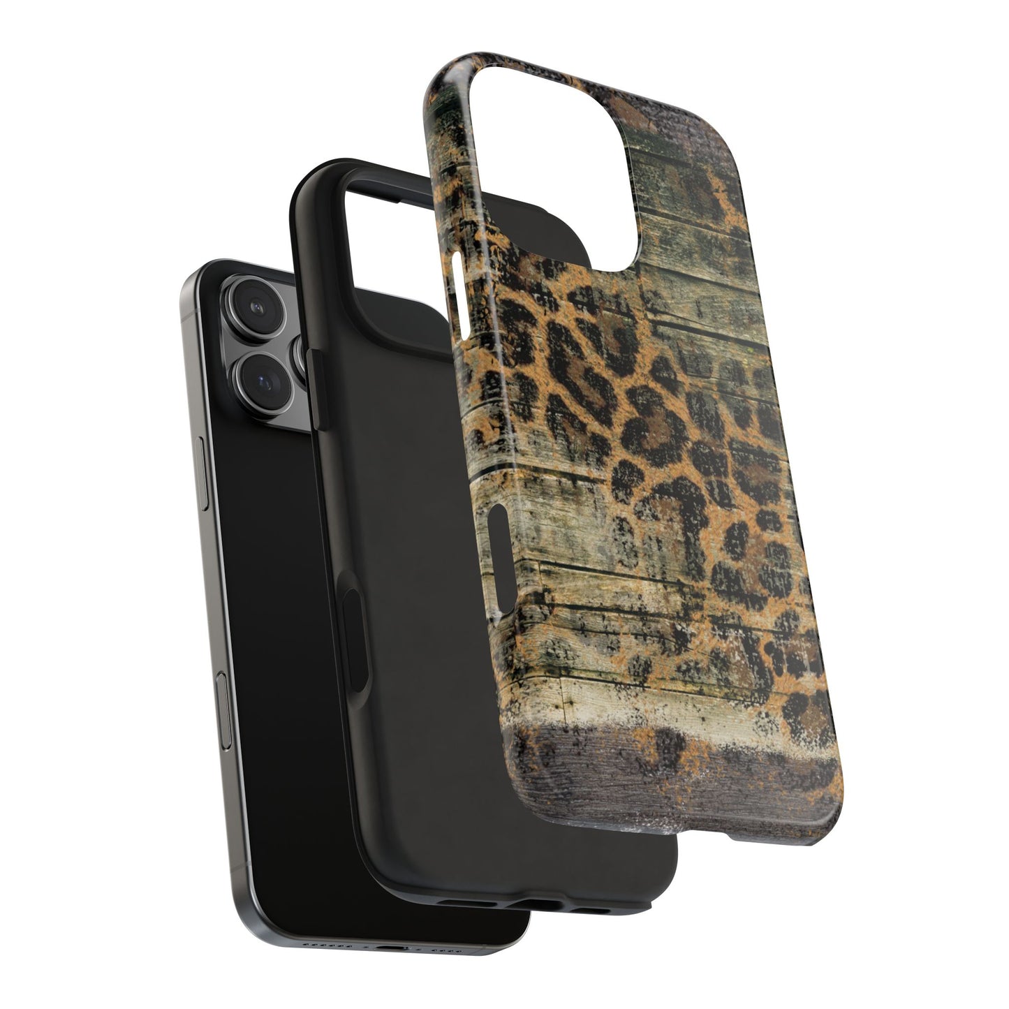 Rustic Wood and Leopard Print Tough iPhone Case – Distressed Western Design with Dual-Layer Protection