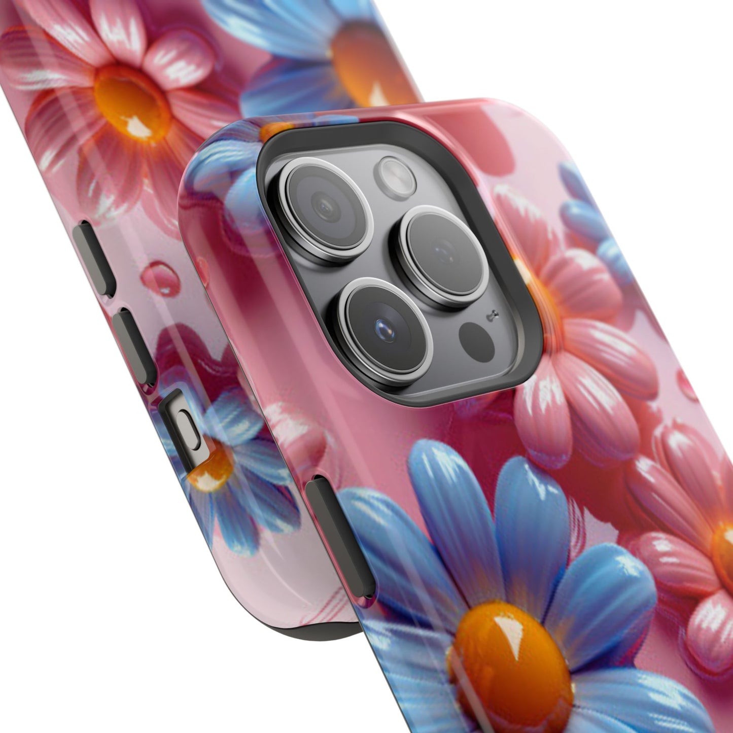 Pastel Daisy 3D MagSafe iPhone Case – Glossy Pink and Blue Floral Design, Full Protection