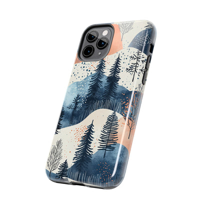 Serene Winter Forest iPhone Case – Tough Protective Cover with Watercolor Pine Tree Covered Mountains - BOGO Cases