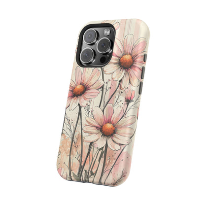 Pastel Pink Daisy MagSafe iPhone Case - Elegant Floral Plaid Protective Cover