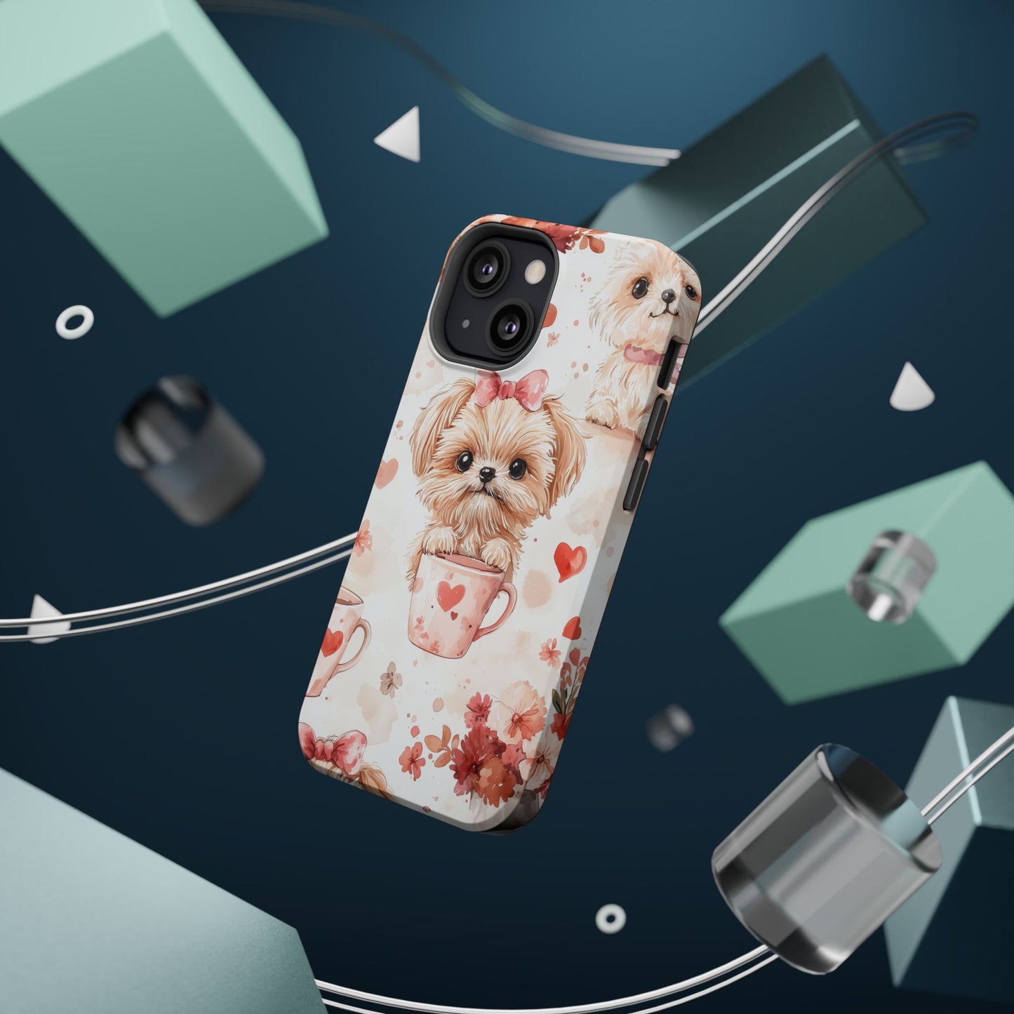 Puppies & Heart Mugs MagSafe iPhone Case – Sweet Dog & Floral Design, Shockproof & Slim