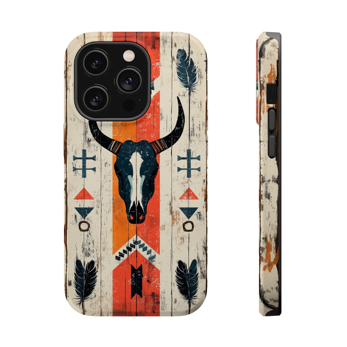 Rustic Western Bull Skull Tough MagSafe iPhone Case – Distressed Wood Design, Dual-Layer Protection