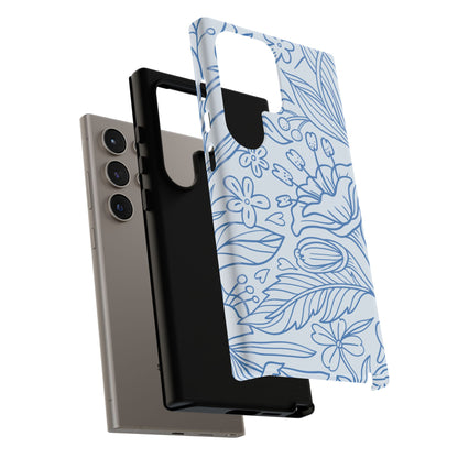 Dusty Blue Floral Line Art Tough Samsung Galaxy Case – Minimalist Botanical Design with Dual-Layer Protection