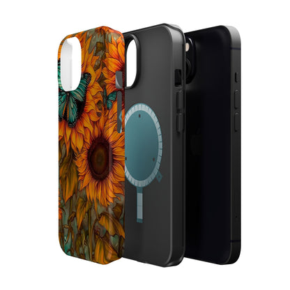 Vintage Blue Butterfly & Sunflower Art – MagSafe iPhone Case