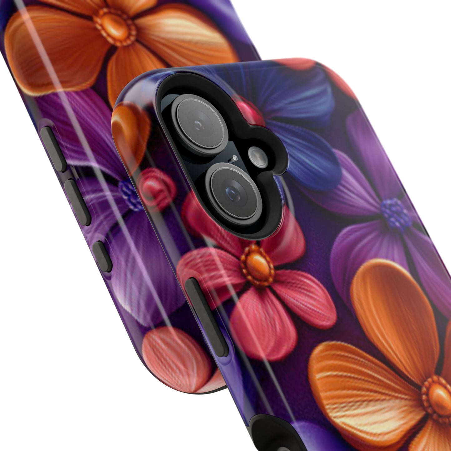 Bold Floral 3D MagSafe iPhone Case – Vivid Purple and Orange Flower Design, Shock-Resistant