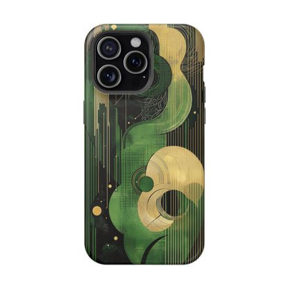 Abstract Green & Gold MagSafe iPhone Case - Geometric Art Deco Protective Cover