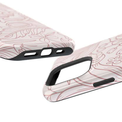 Blush Floral Line Art Tough MagSafe iPhone Case – Delicate Minimalist Design with Dual-Layer Protection