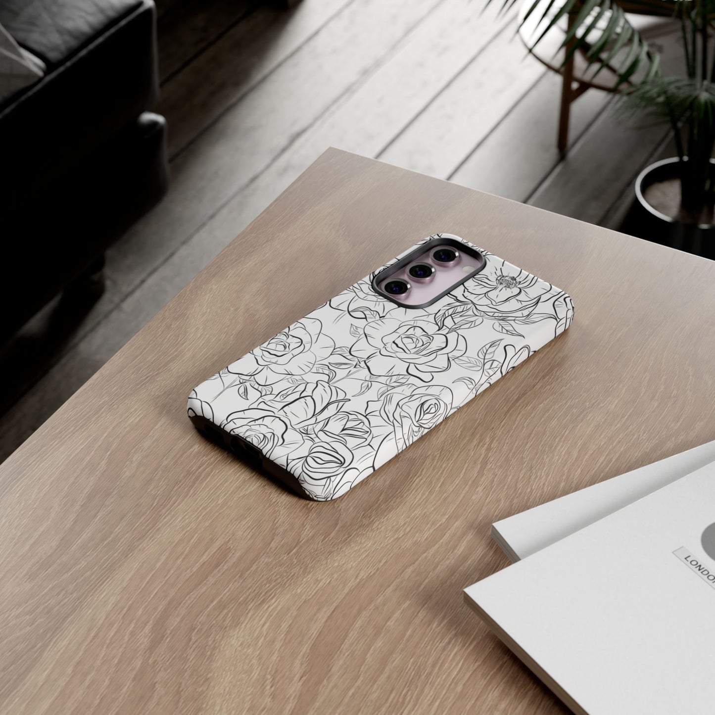 Monochrome Rose Garden Tough Samsung Galaxy Case – Elegant Floral Line Art with Dual-Layer Protection