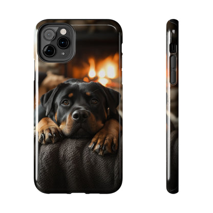 Cozy Rottweiler by the Fireplace iPhone Case – Warm Rustic Design