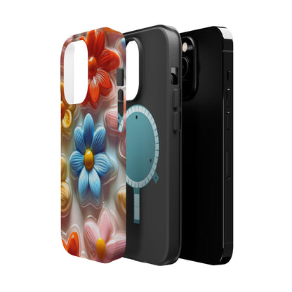 Glossy Retro Flower MagSafe iPhone Case – Colorful 3D Floral Design, Durable Protection