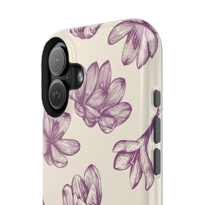 Vintage Botanical Floral Tough MagSafe iPhone Case – Hand-Drawn Purple Flowers, Shockproof Design