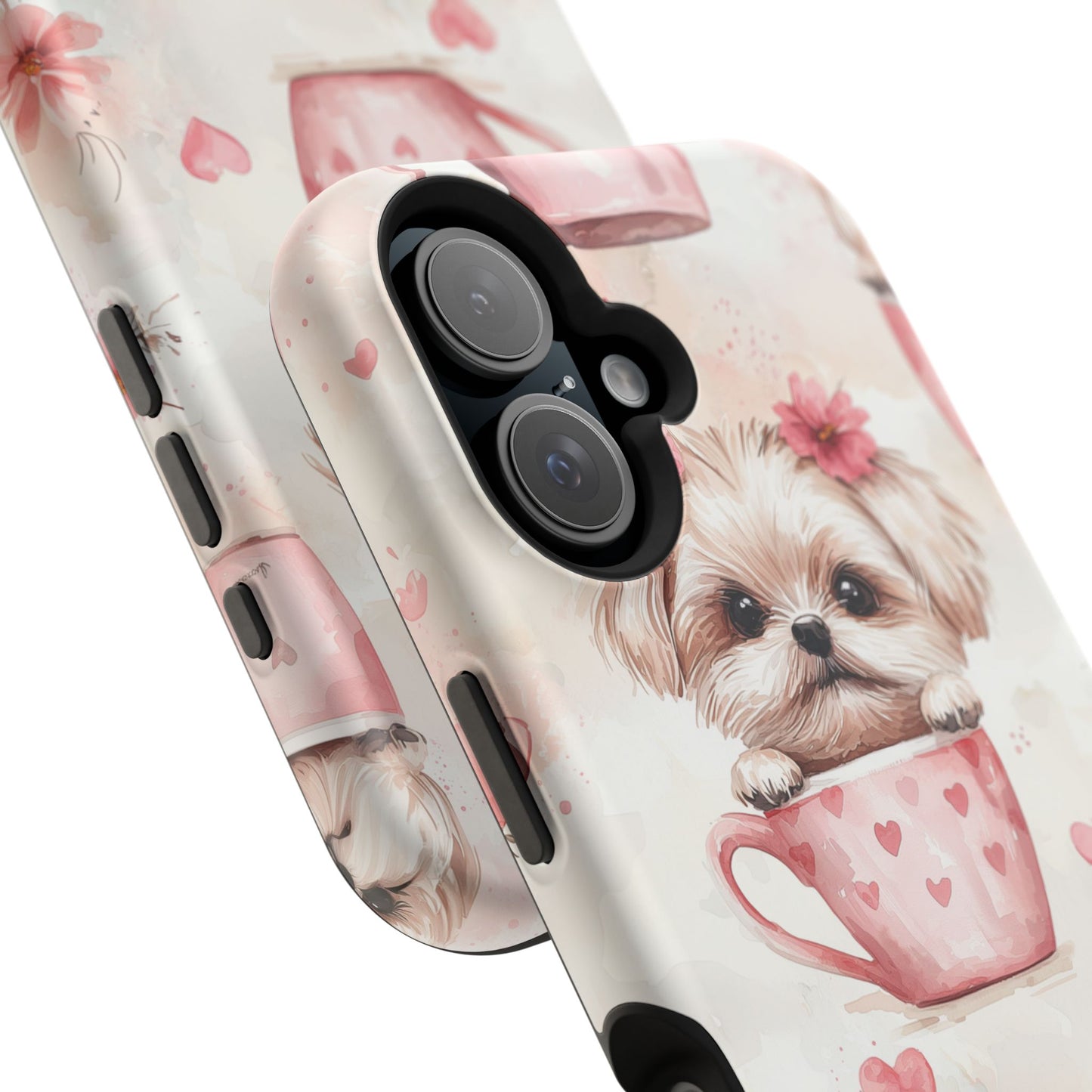 Floral Puppy in Teacup MagSafe iPhone Case – Cute Pink Flower Design, Tough Dual-Layer Protection