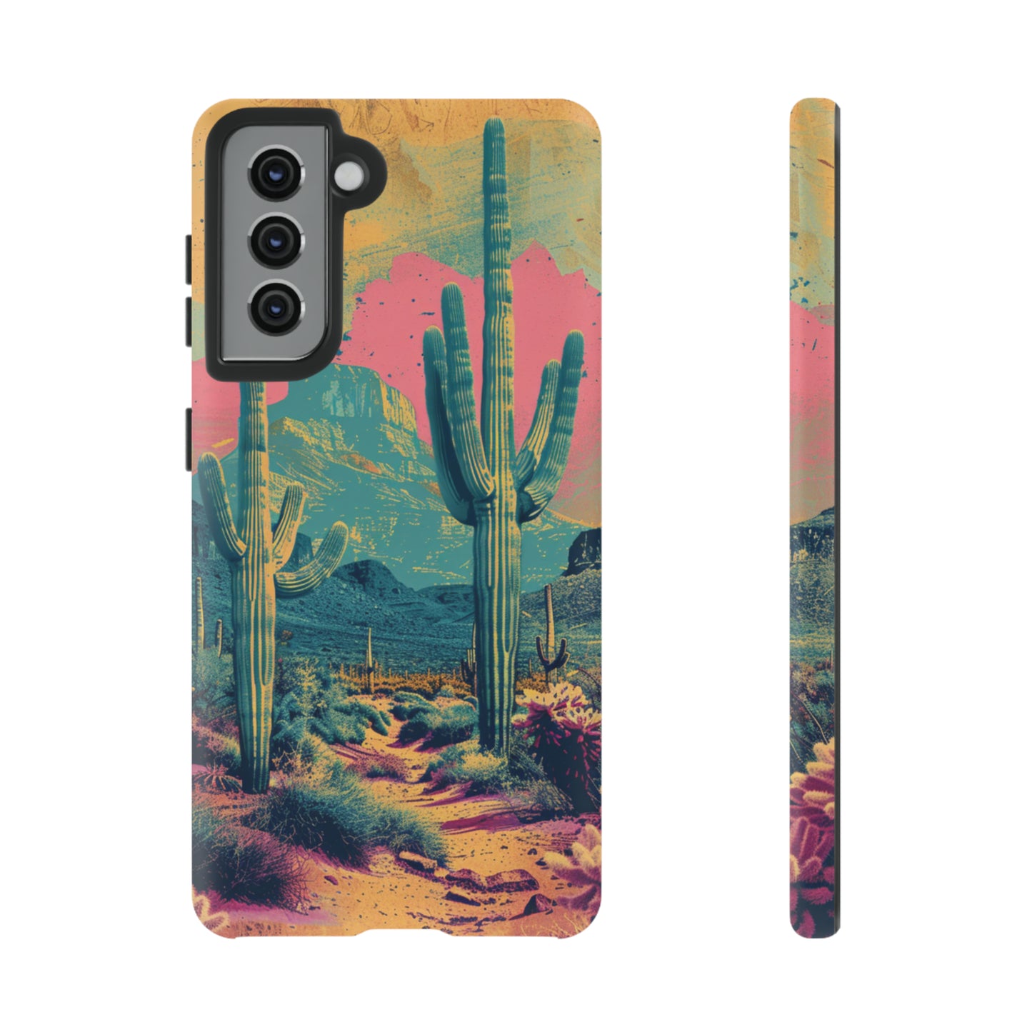 Desert Oasis Retro Cactus Phone Case - Vibrant Sunset Landscape for iPhone 15/14/13/12, Samsung S24/S23/S22/S21, & Google Pixel