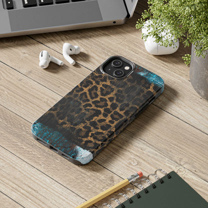 Boho Leopard and Turquoise Tough iPhone Case – Rustic Western Design with Dual-Layer Protection