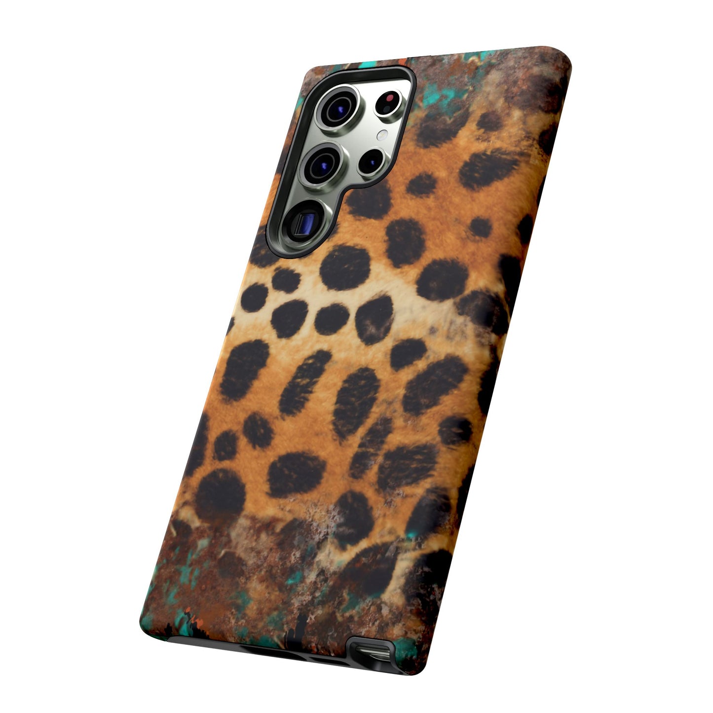 Rustic Leopard Print Tough Samsung Galaxy Case – Distressed Turquoise and Animal Pattern with Dual-Layer Protection