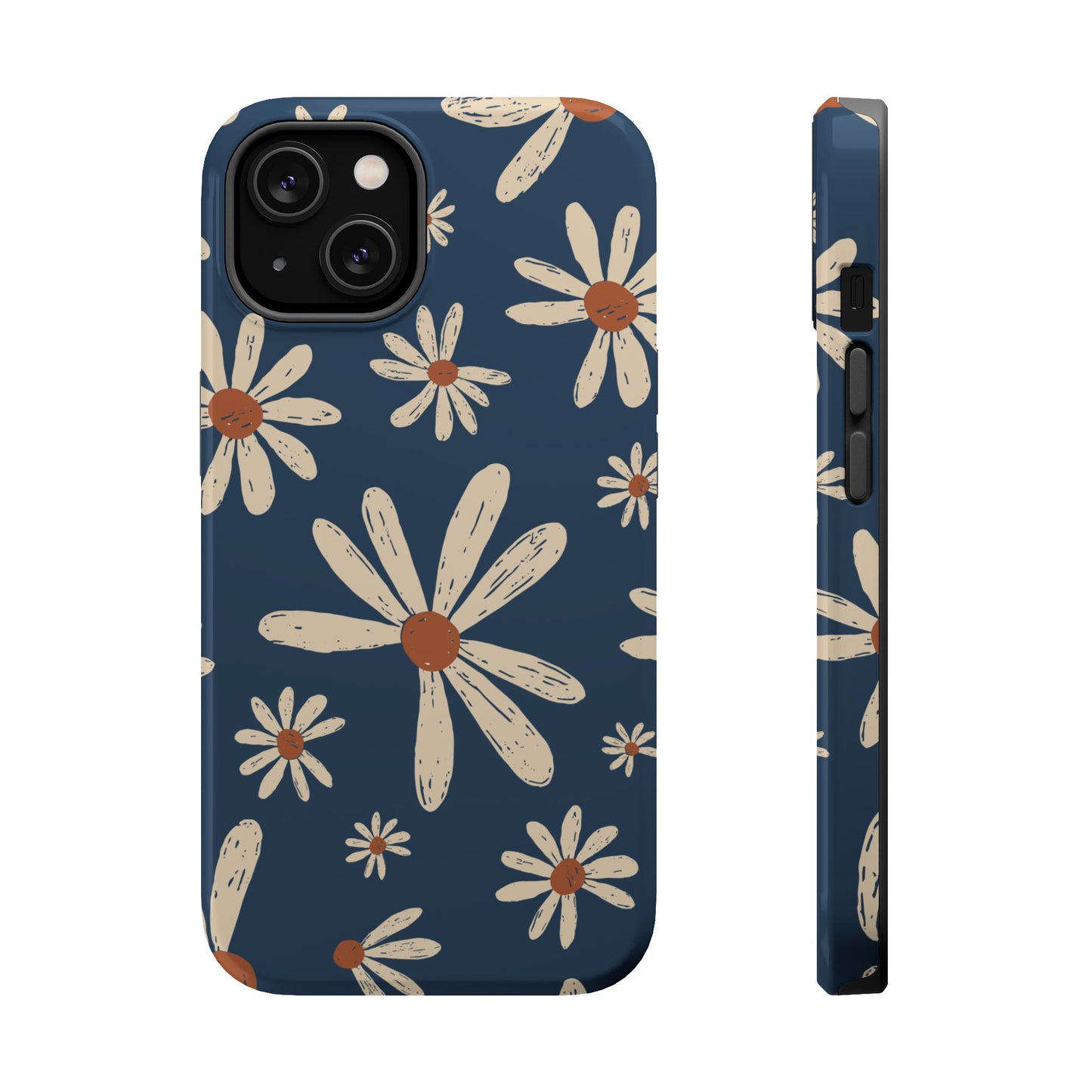 Vintage Daisies MagSafe iPhone Case – Navy Blue Floral Design, Scratch-Resistant with Shock-Absorbing Bumper