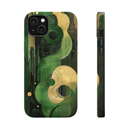 Abstract Green & Gold MagSafe iPhone Case - Geometric Art Deco Protective Cover