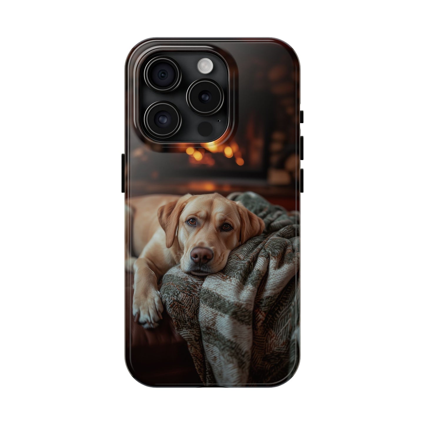 Cozy Labrador by Fireplace iPhone Case – Rustic Cabin Protective Cover