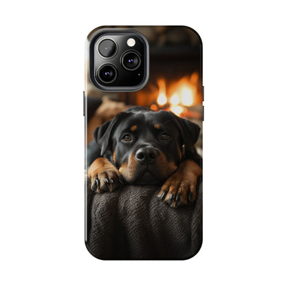 Cozy Rottweiler by the Fireplace iPhone Case – Warm Rustic Design