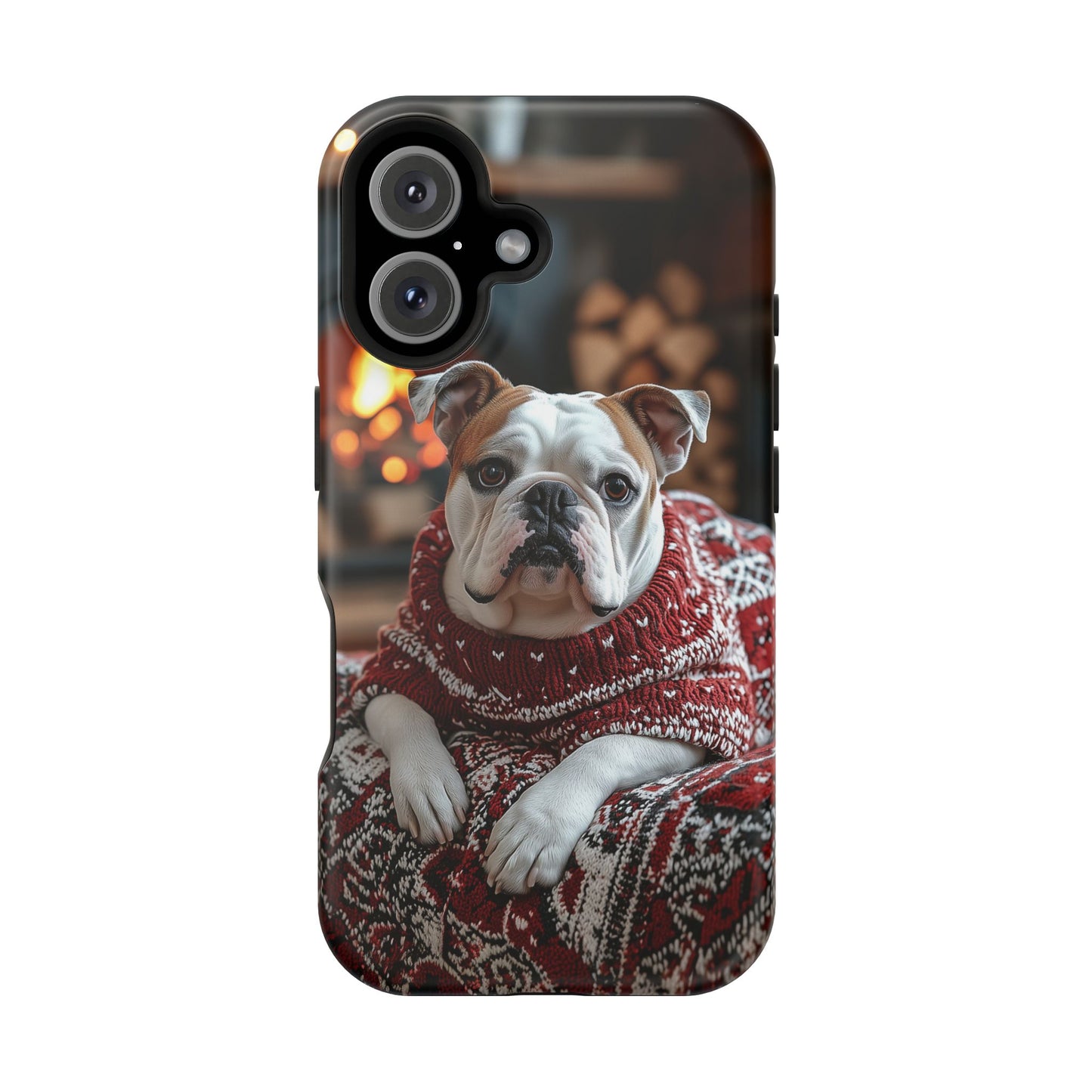 Cozy Bulldog in Sweater MagSafe iPhone Case – Festive Fireplace Protective Cover