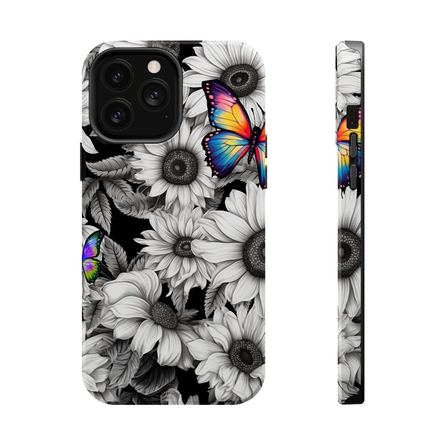 Rainbow Butterflies & Monochrome Sunflowers – MagSafe iPhone Case