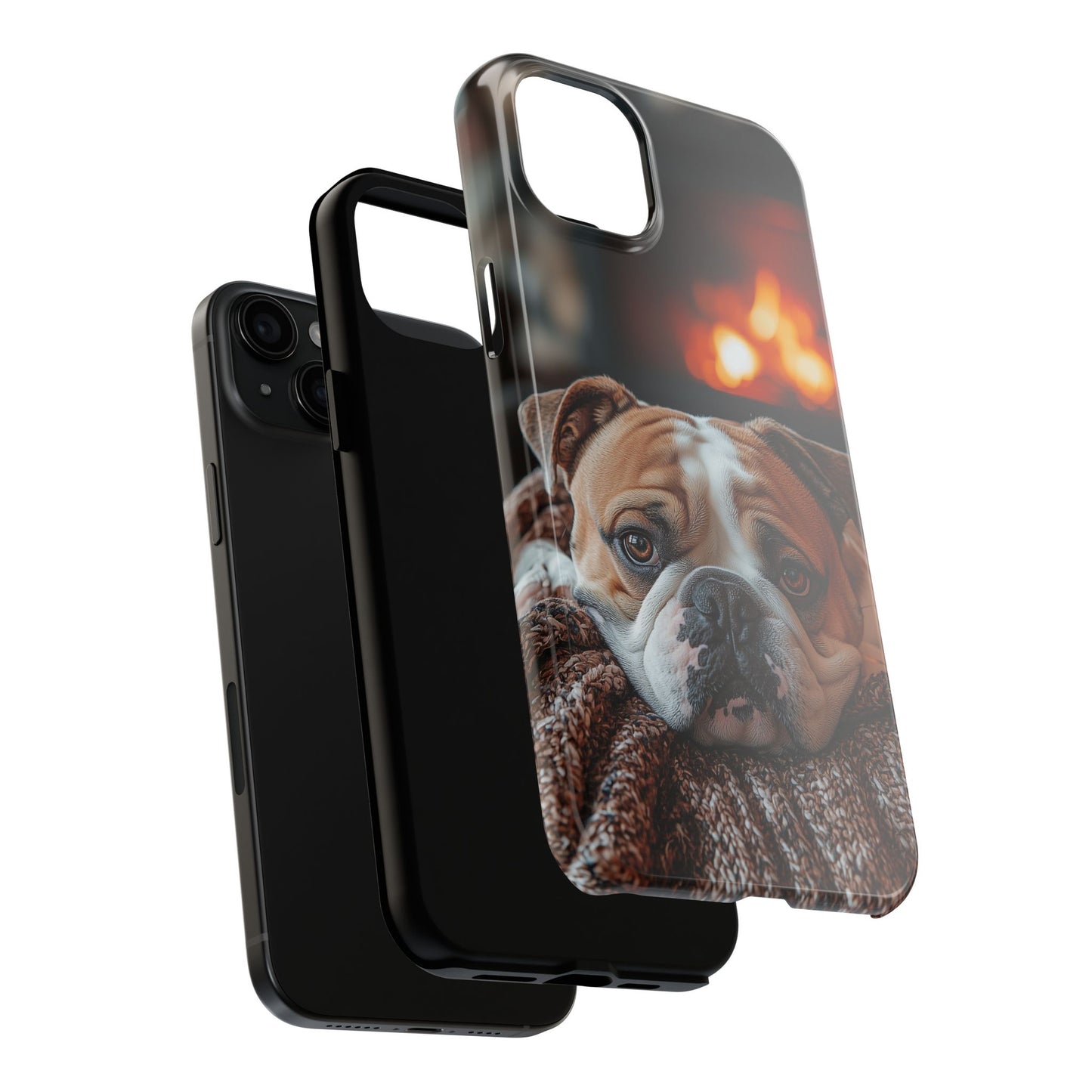 Cozy Bulldog iPhone Case – Fireside-Inspired Protective Cover Description: