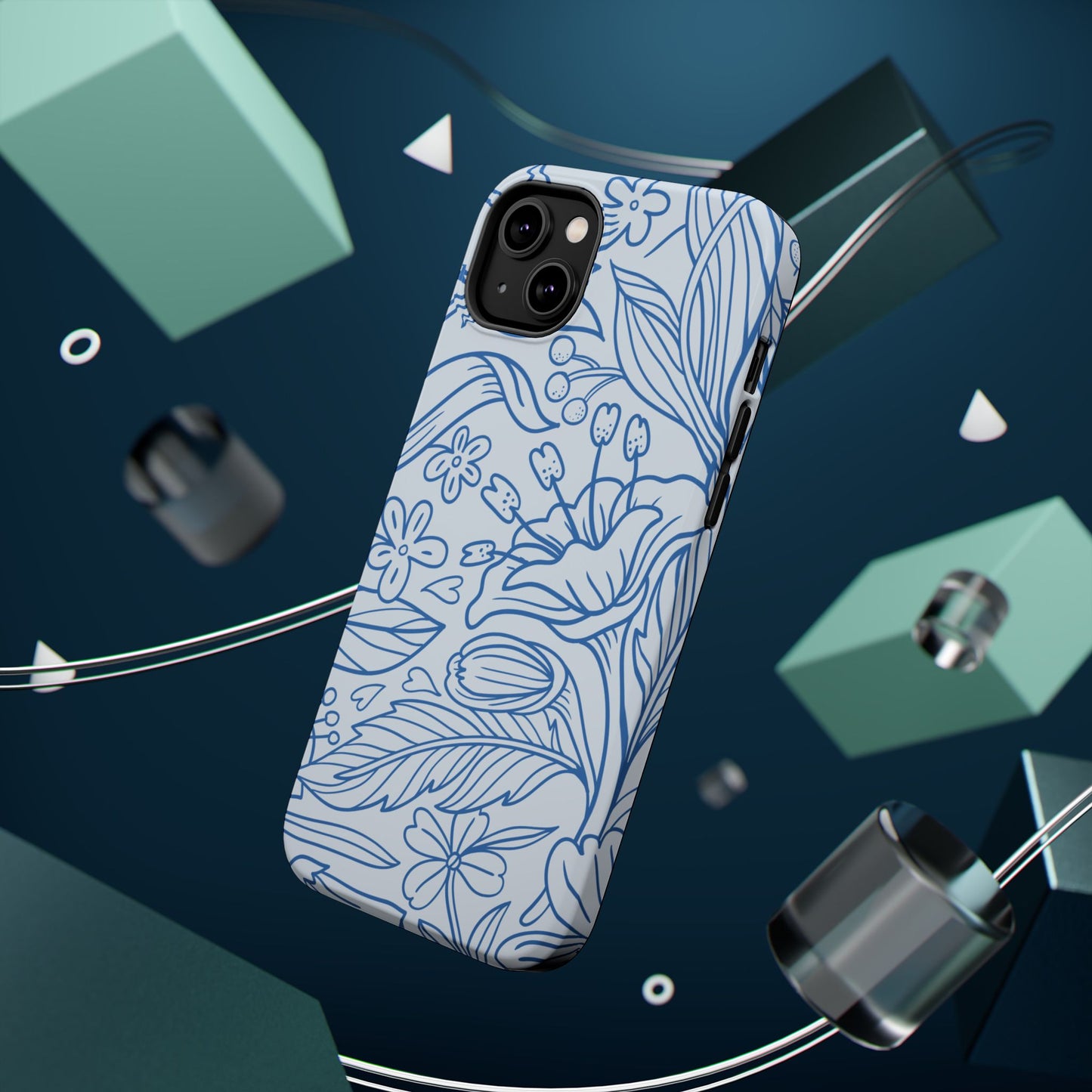 Dusty Blue Floral Line Art Tough MagSafe iPhone Case – Minimalist Botanical Design with Dual-Layer Protection