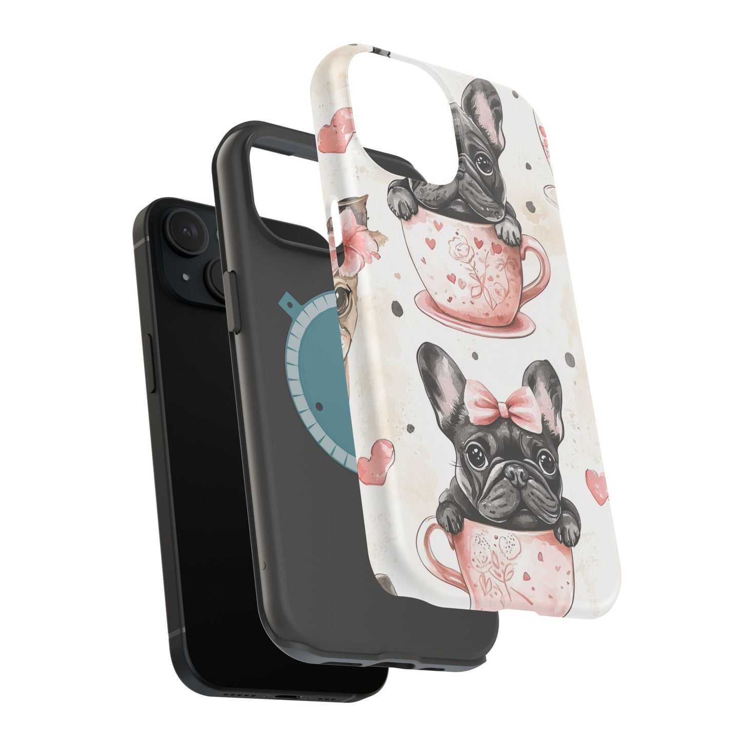 French Bulldogs in Teacups MagSafe iPhone Case – Cute Dog Design with Hearts & Bows, Shockproof & Slim