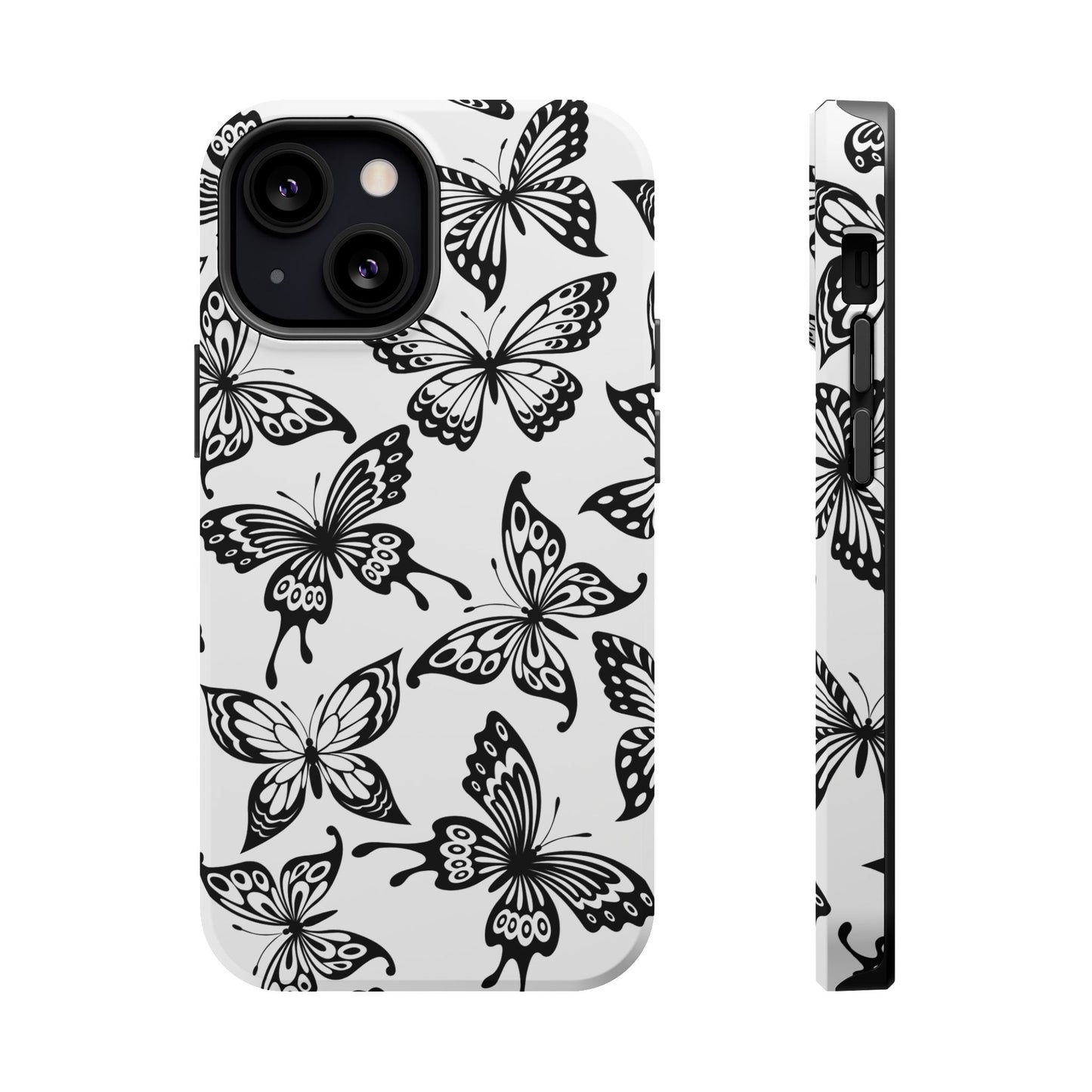 Monochrome Butterfly Pattern Tough MagSafe Case – Dual-Layer Protection with Matte Finish