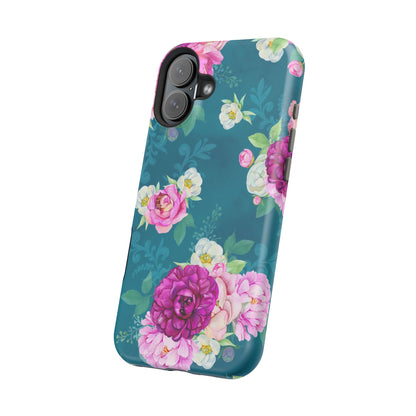 Elegant Peony Bouquet MagSafe iPhone Case – Deep Teal Background with Romantic Floral Design