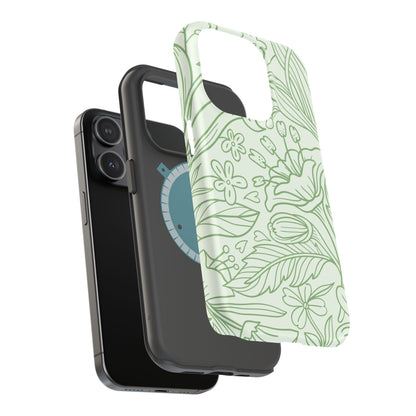 Sage Green Floral Line Art Tough MagSafe iPhone Case – Minimalist Botanical Design with Dual-Layer Protection