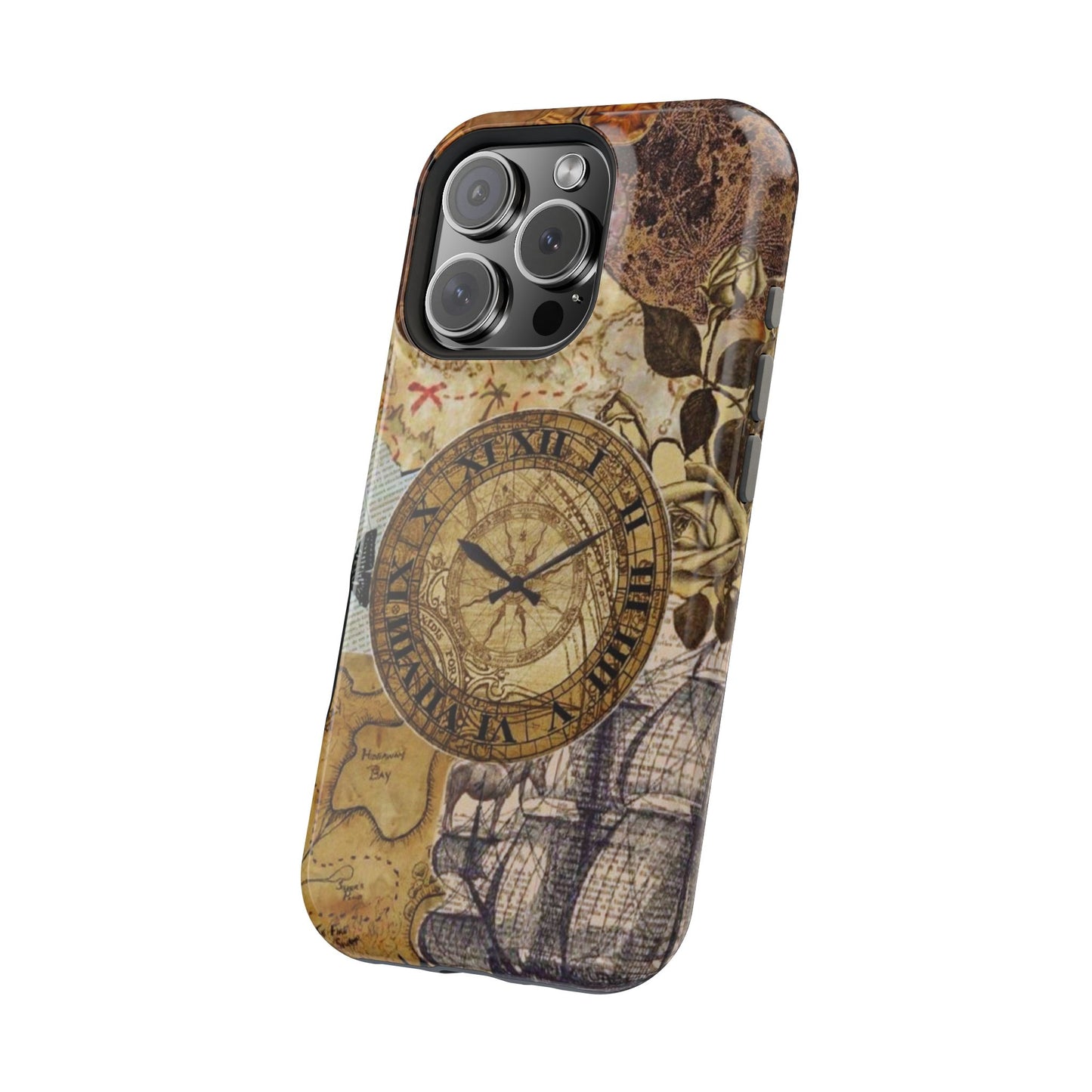 Steampunk Vintage Adventure MagSafe iPhone Case – Dual-Layer Protection with Antique Map and Clock Design