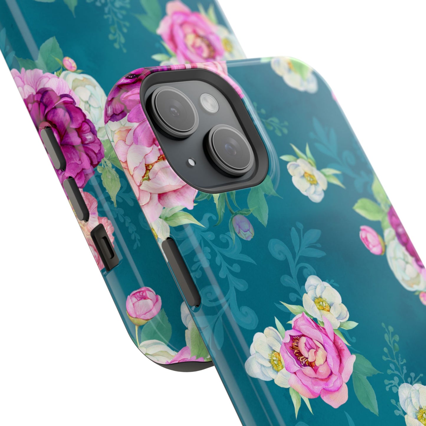 Elegant Peony Bouquet MagSafe iPhone Case – Deep Teal Background with Romantic Floral Design