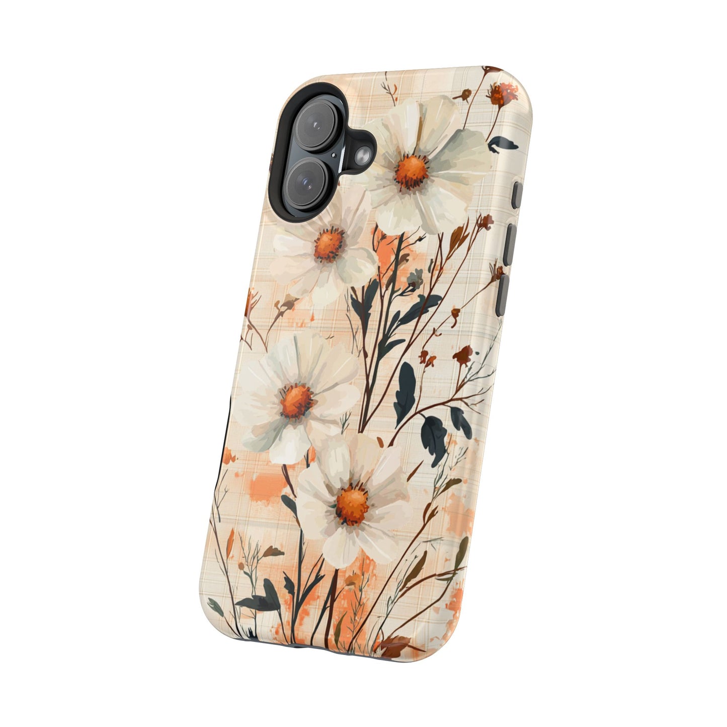 Pastel Orange Floral MagSafe iPhone Case - Elegant Plaid Protective Cover