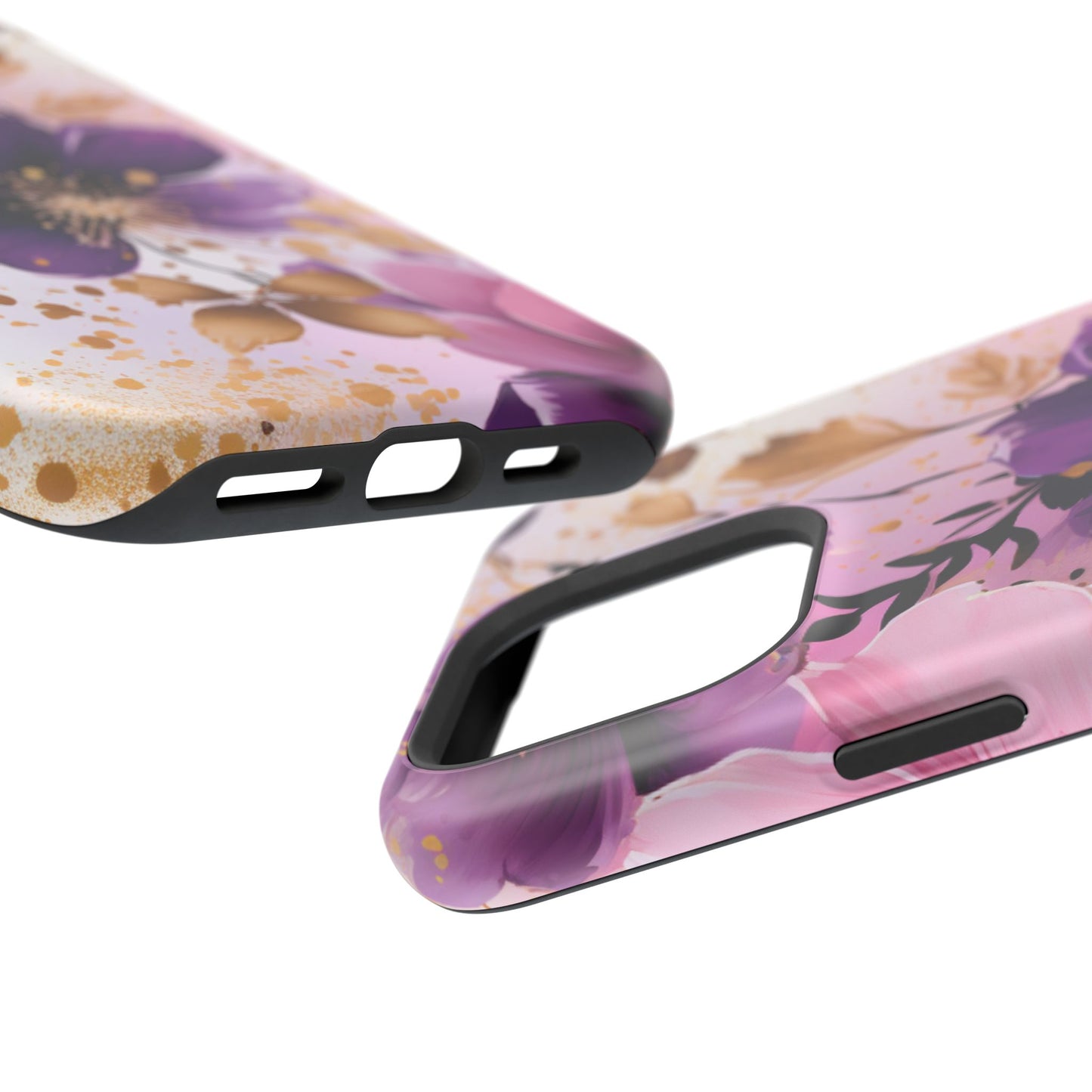 Elegant Purple & Gold Floral MagSafe iPhone Case - Luxe Flower Design