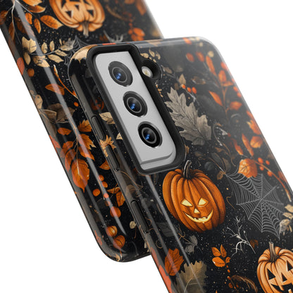 Elegant Halloween Samsung Galaxy  Case – Pumpkin Jack-o'-Lanterns, Cobwebs & Autumn Foliage Design