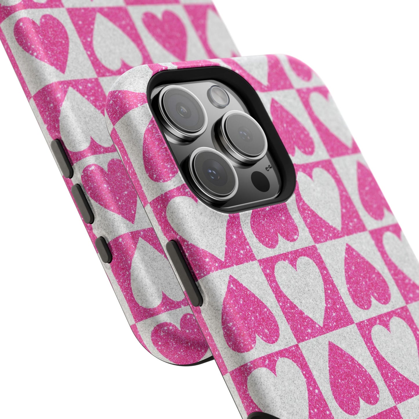 Pink Glitter Heart Checkered Pattern MagSafe Case