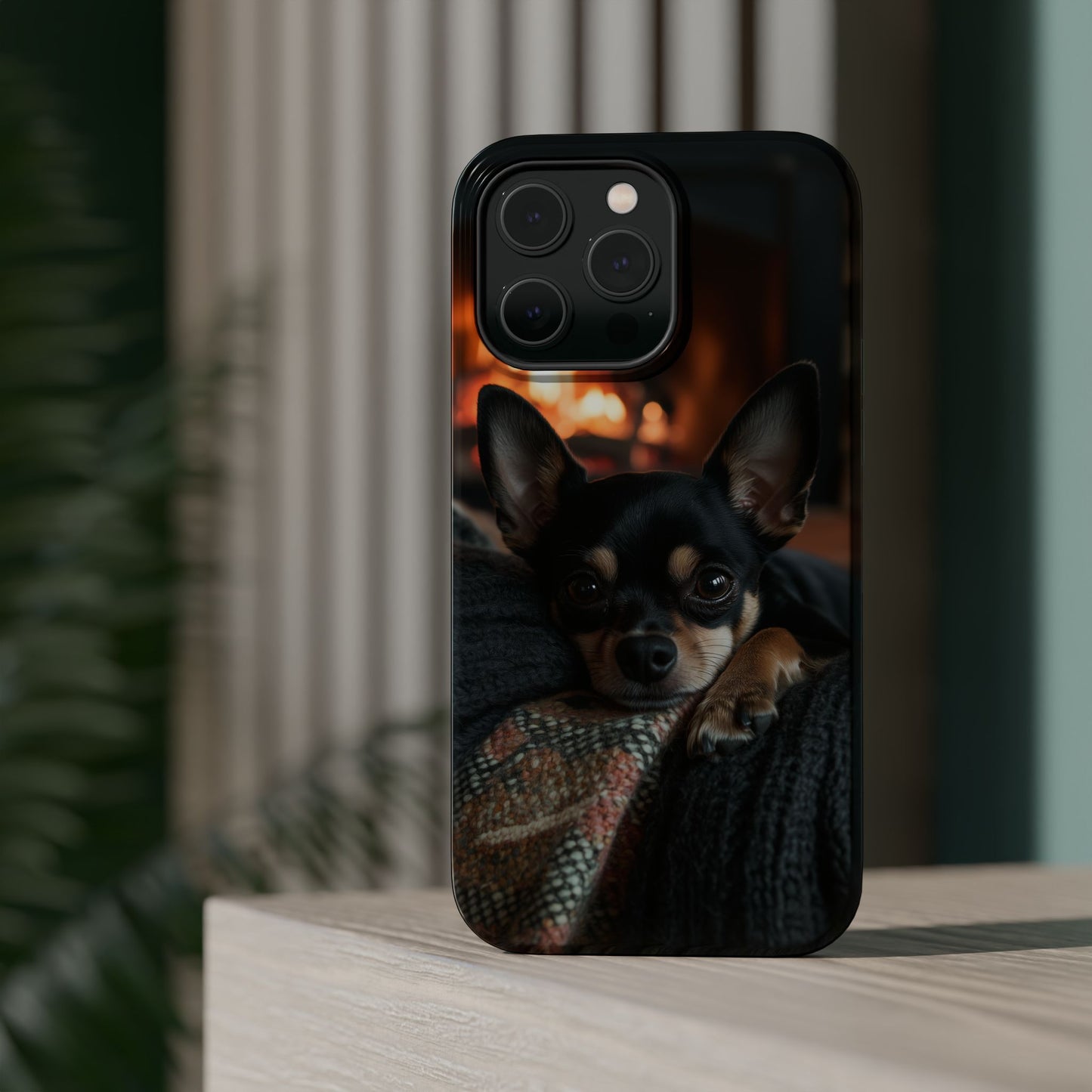 Cozy Chihuahua Fireplace MagSafe iPhone Case – Elegant and Functional Design