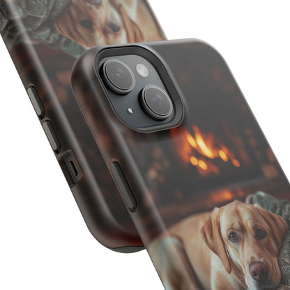Cozy Labrador by Fireplace MagSafe iPhone Case – Rustic Cabin Protective Cover